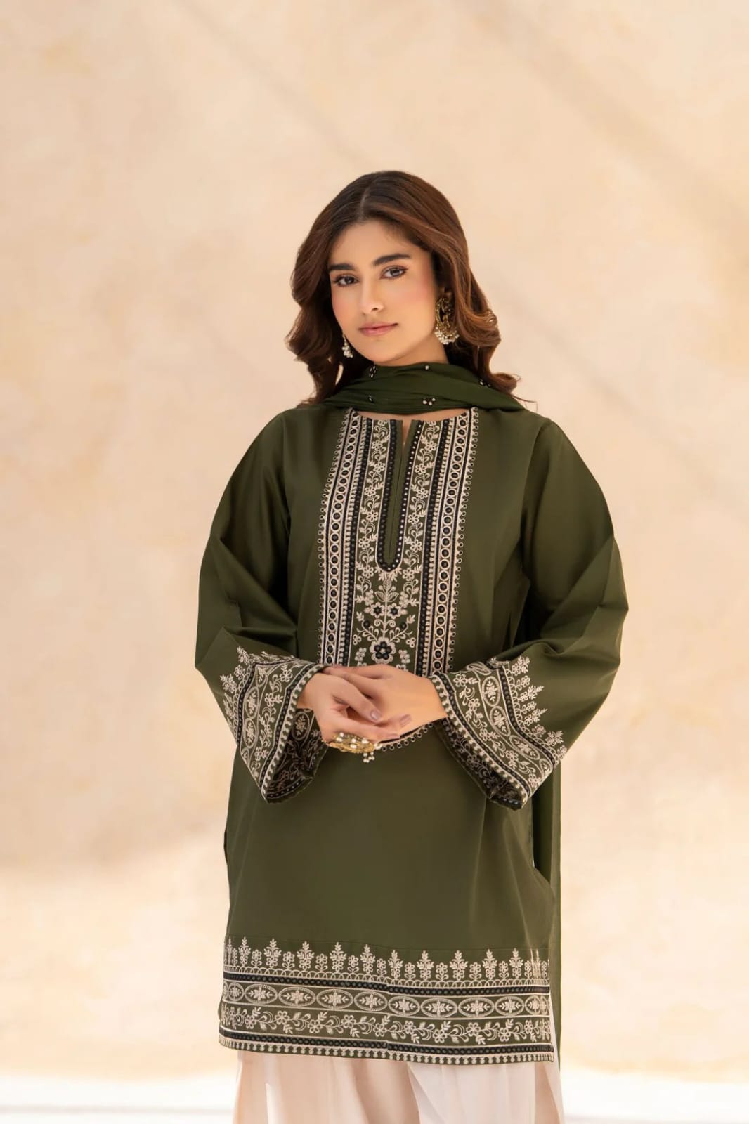 Rang-e-Zaitoon  3pice  suit fbric periumum  cotton Dupata shifon