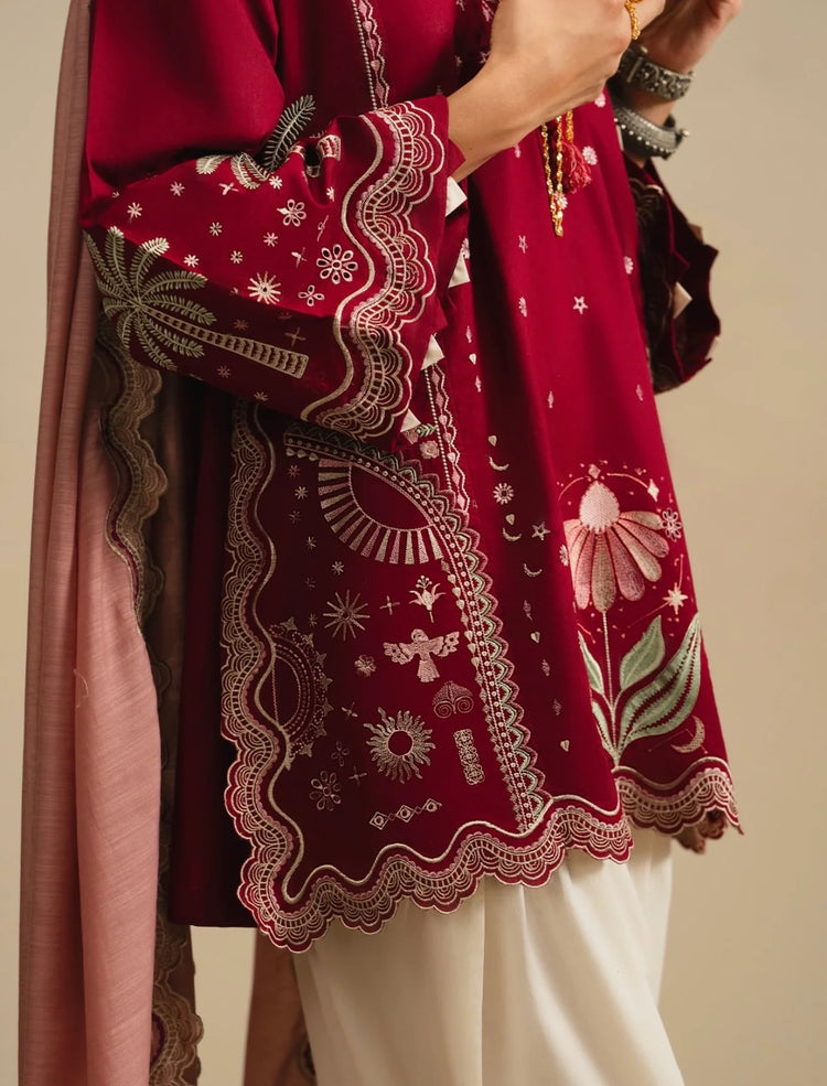 Crimson Wine Embroidered Shirt with Ivory Wide-Leg Shalwar