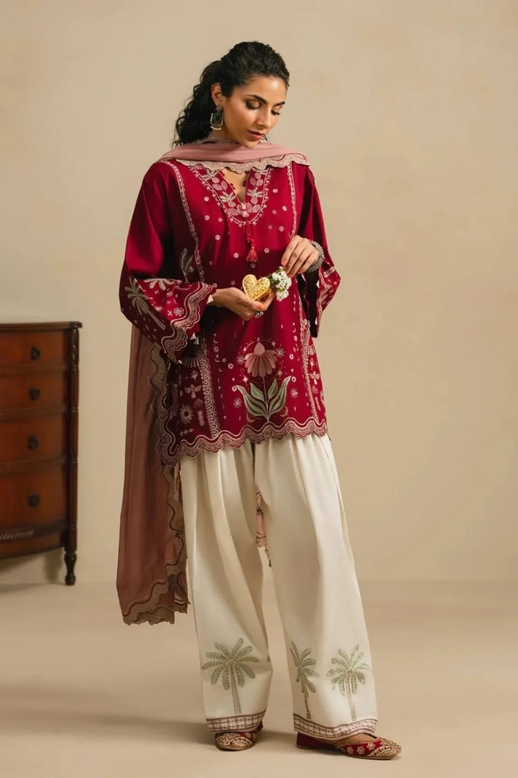 Crimson Wine Embroidered Shirt with Ivory Wide-Leg Shalwar