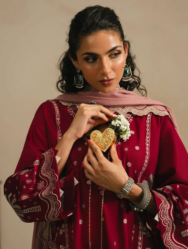 Crimson Wine Embroidered Shirt with Ivory Wide-Leg Shalwar