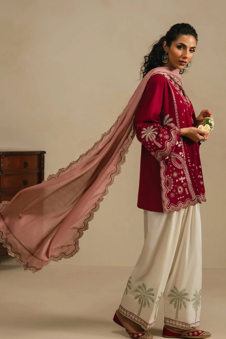 Crimson Wine Embroidered Shirt with Ivory Wide-Leg Shalwar