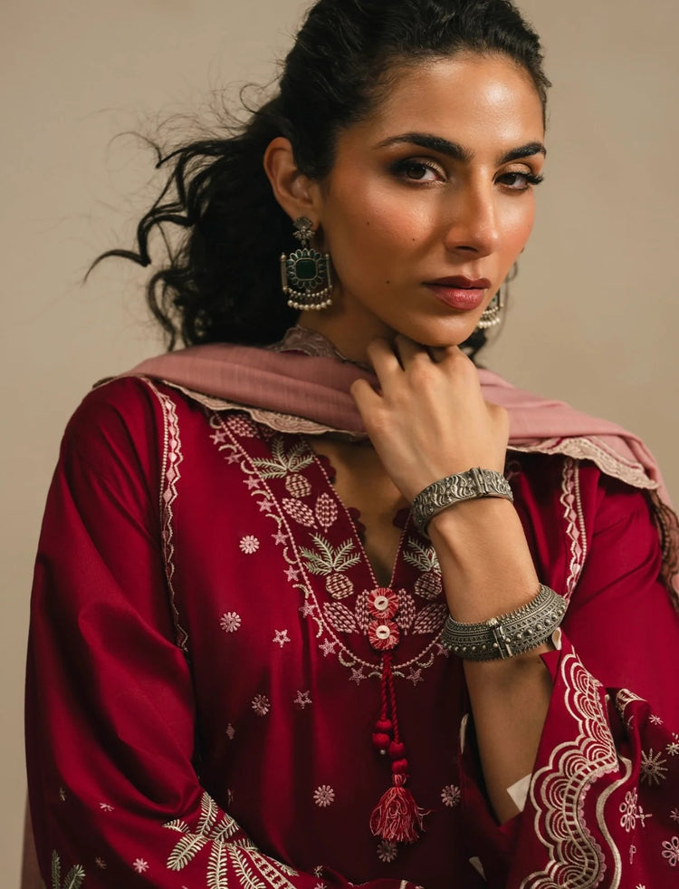 Crimson Wine Embroidered Shirt with Ivory Wide-Leg Shalwar