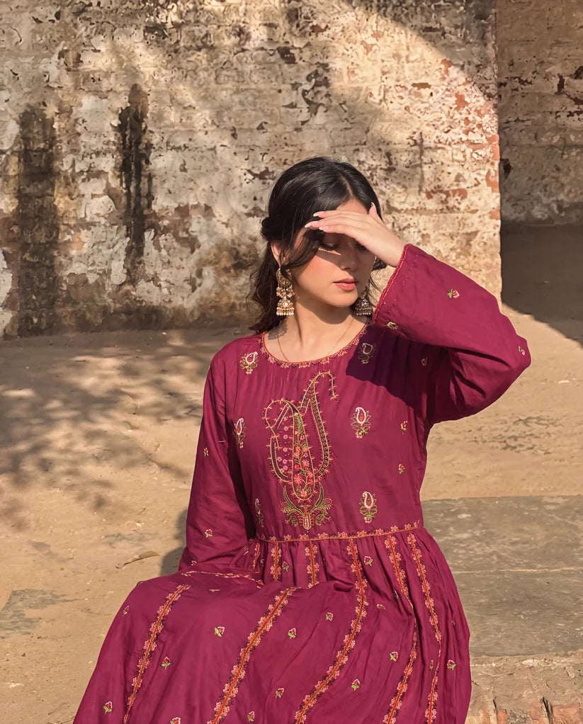 Maroon Embroidered Flared Frock