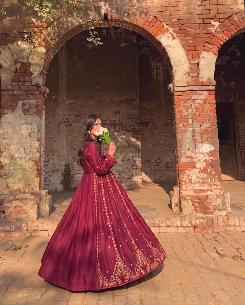 Maroon Embroidered Flared Frock