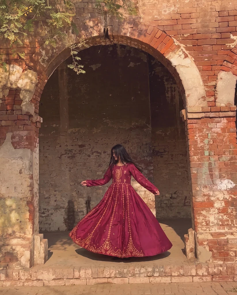 Maroon Embroidered Flared Frock