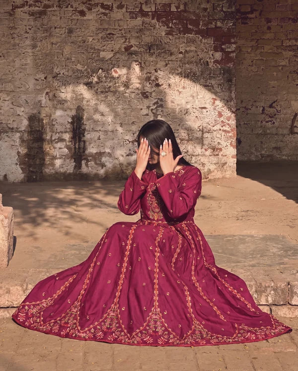 Maroon Embroidered Flared Frock
